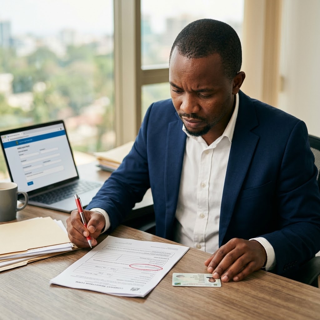Tanzanian entrepreneur reviewing a rejected BRELA registration form at a desk, checking it against a national ID card