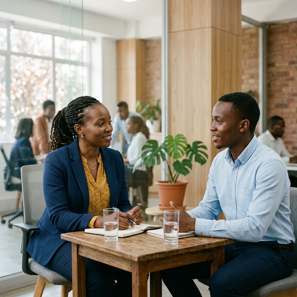 A business leader and employee having an attentive, empathetic conversation in a modern office
