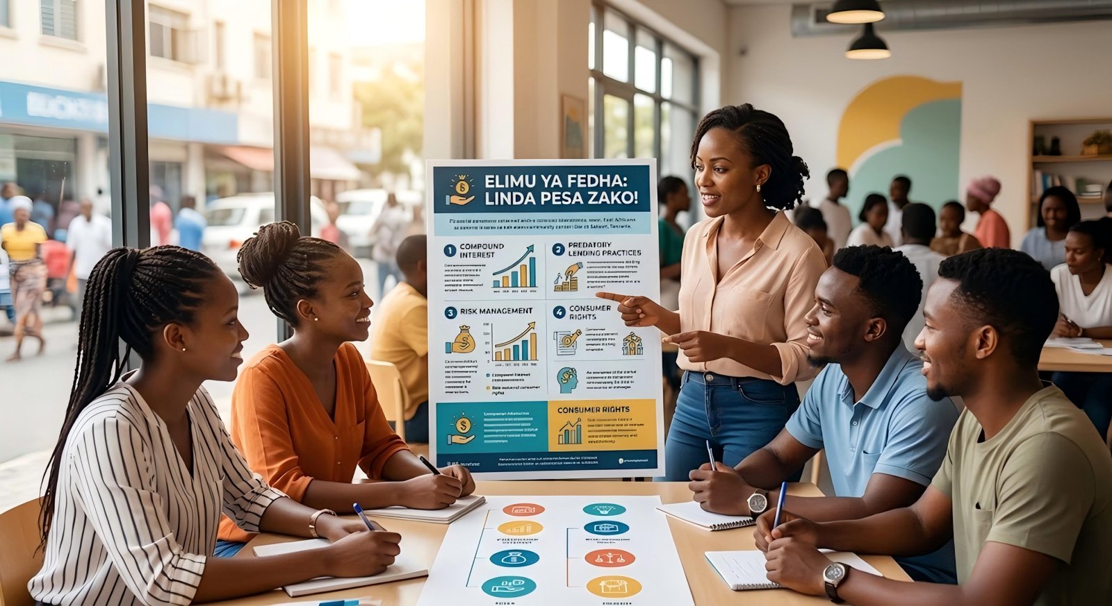 Trainer teaching financial literacy on loan interest and bank customer rights in Tanzania