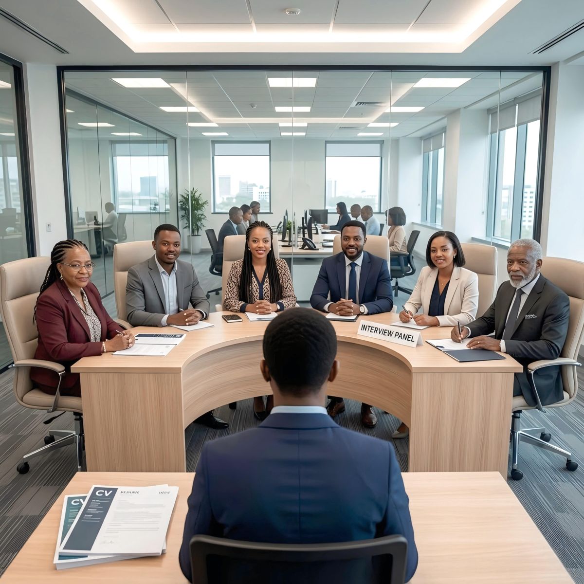 A young job candidate in a suit facing a six-member interview panel in a modern office, with his CV on the desk