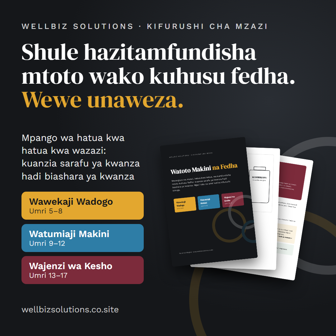 Kurasa za kifurushi cha Watoto Makini na Fedha zikionyesha ngazi tatu: Wawekaji Wadogo, Watumiaji Makini na Wajenzi wa Kesho