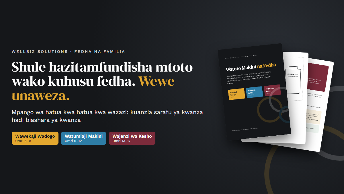 Kurasa za kifurushi cha Watoto Makini na Fedha zenye kichwa: Shule hazitamfundisha mtoto wako kuhusu fedha. Wewe unaweza.