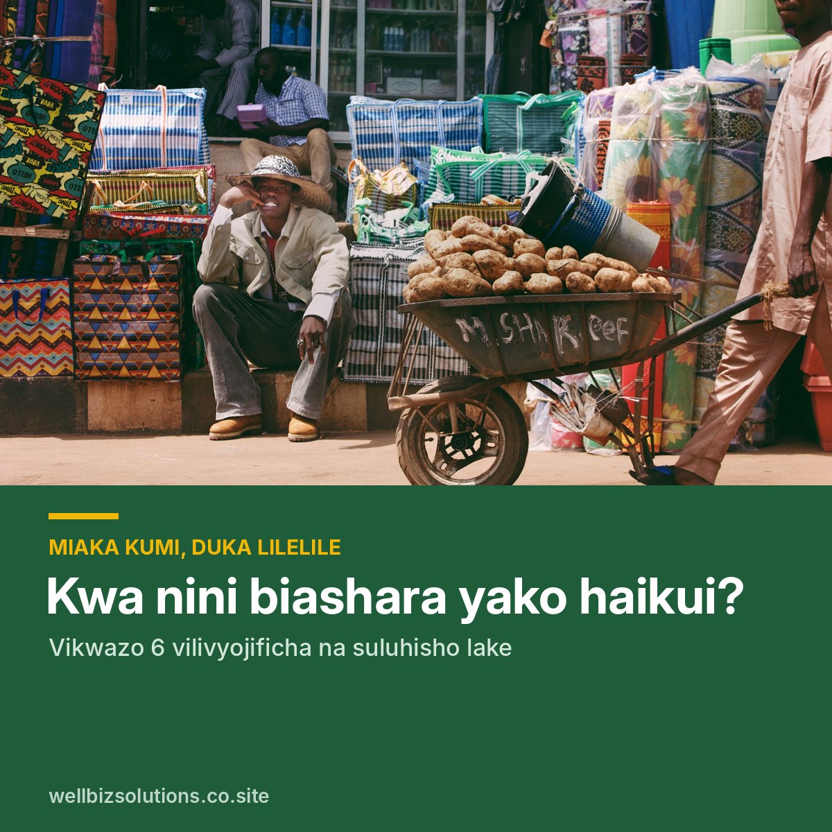 Mfanyabiashara akisubiri wateja mbele ya duka, pamoja na kichwa Kwa nini biashara yako haikui?