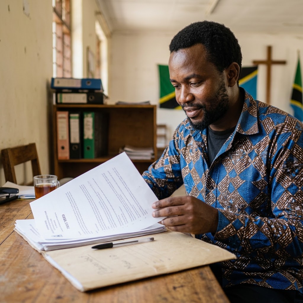 Tanzanian community group founder reviewing a trust deed and registration documents before applying for a certificate of incorporation