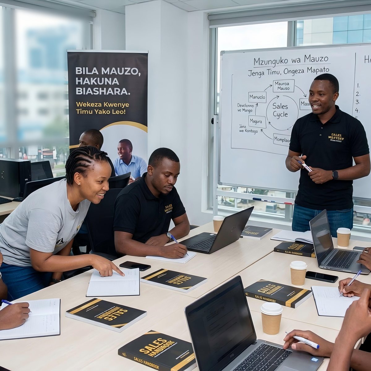 A sales team training session in a modern office: a trainer at a whiteboard showing the sales cycle, team members with Sales Handbook copies, and a banner reading Bila Mauzo, Hakuna Biashara