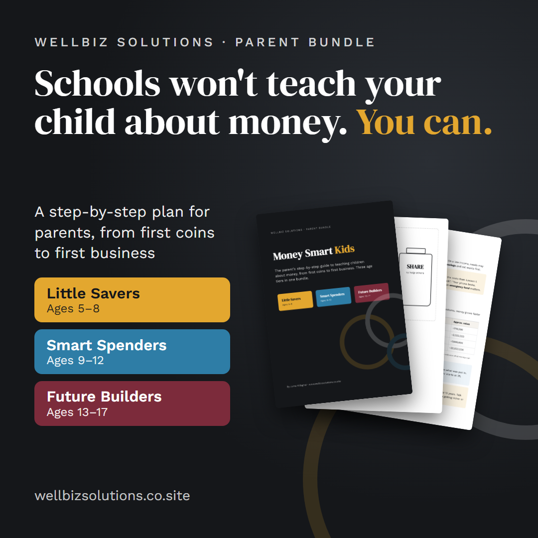 Pages from the Money Smart Kids bundle showing the three tiers: Little Savers, Smart Spenders and Future Builders