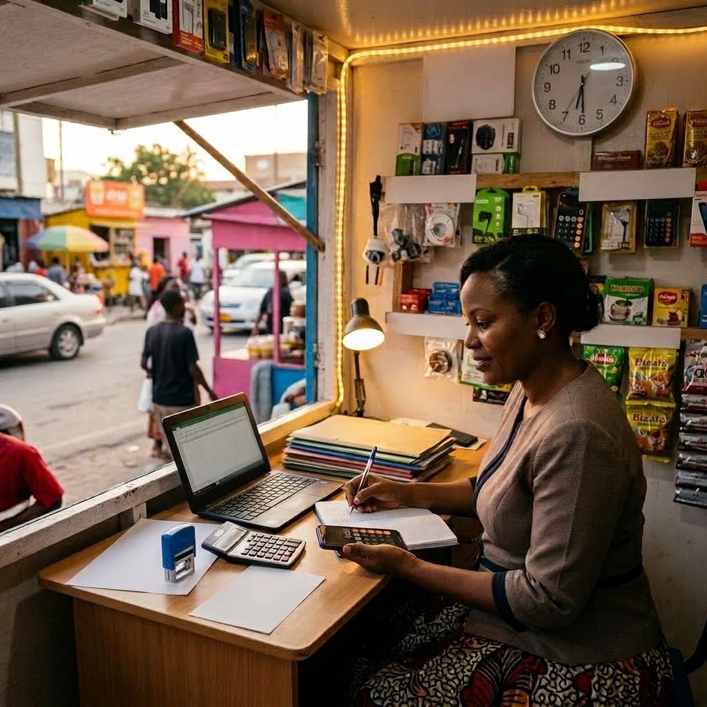 A woman working on her business accounts in the evening at her small shop, using a laptop, calculator and notebook