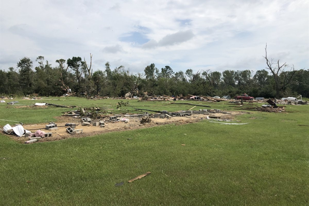 Debris and the empty foundations of destroyed homes after a tornado caused by Hurricane Isaias in Bertie County, North Carolina, 2020
