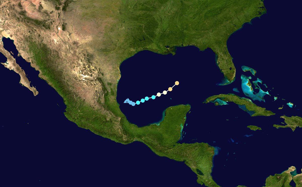 Map showing the path of Hurricane Isaias across the Gulf of Mexico in October 2026, with coloured dots for its strength