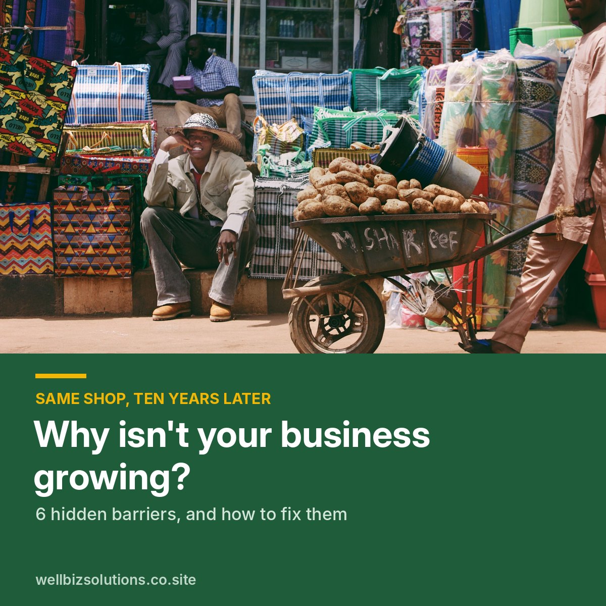 A trader waiting for customers outside a shop, with the headline Why isn't your business growing?