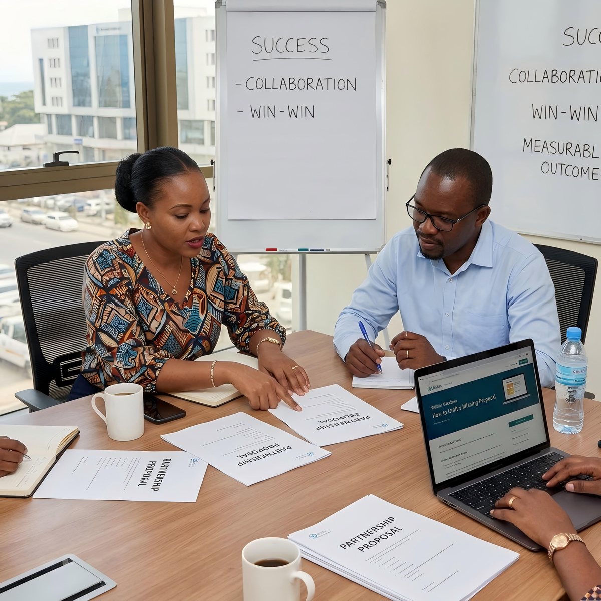 A businesswoman and businessman reviewing partnership proposal documents at a meeting table, with a flip chart reading Success, Collaboration, Win-Win