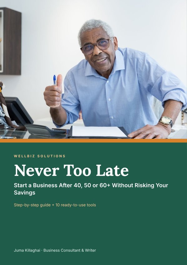 Cover of the kit Never Too Late: Start a Business After 40, 50 or 60+ Without Risking Your Savings by Juma Killaghai