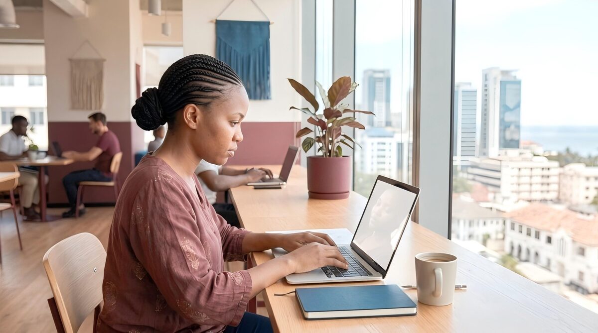 Wellbiz Solutions content writer working at a laptop in a bright co-working space